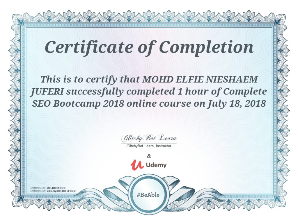 mohd elfie nieshaem juferi seo specialist malaysia udemy seo bootcamp certificate seo skills resume